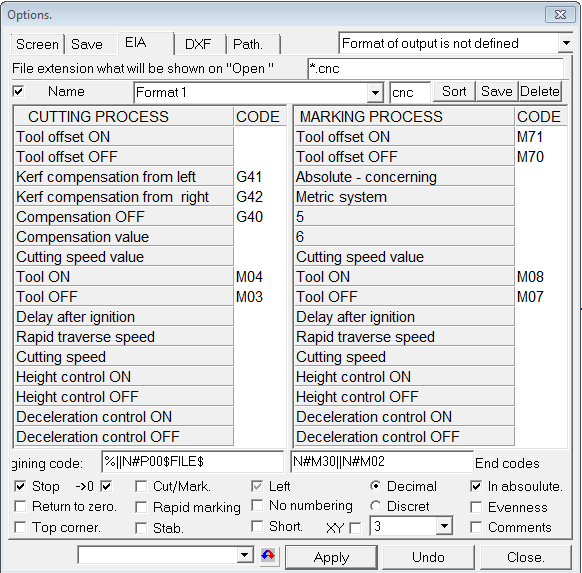 NC Maker options EIA dialog